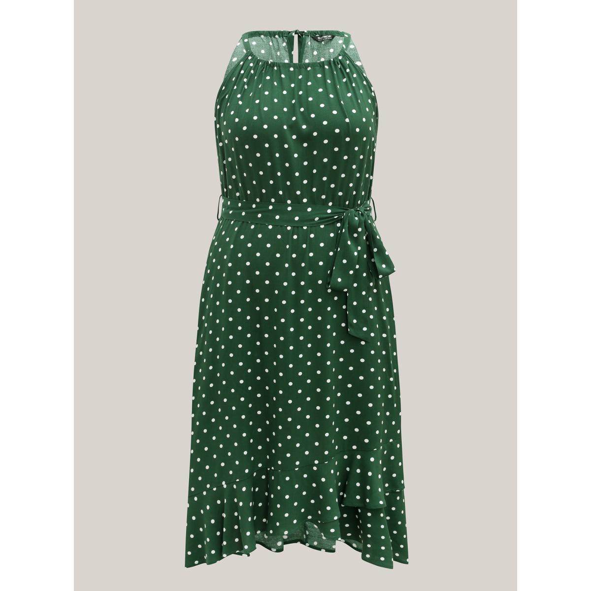 Plus Size Polka Dots Halter Neck Belted Midi Dress Truegreen Women Halter neck Sleeveless Curvy BloomChic 18-20/2X Product Image