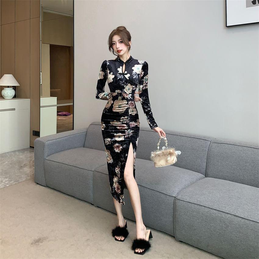 Long-Sleeve Stand Collar Floral Print Keyhole Slit Midi Bodycon Dress Product Image