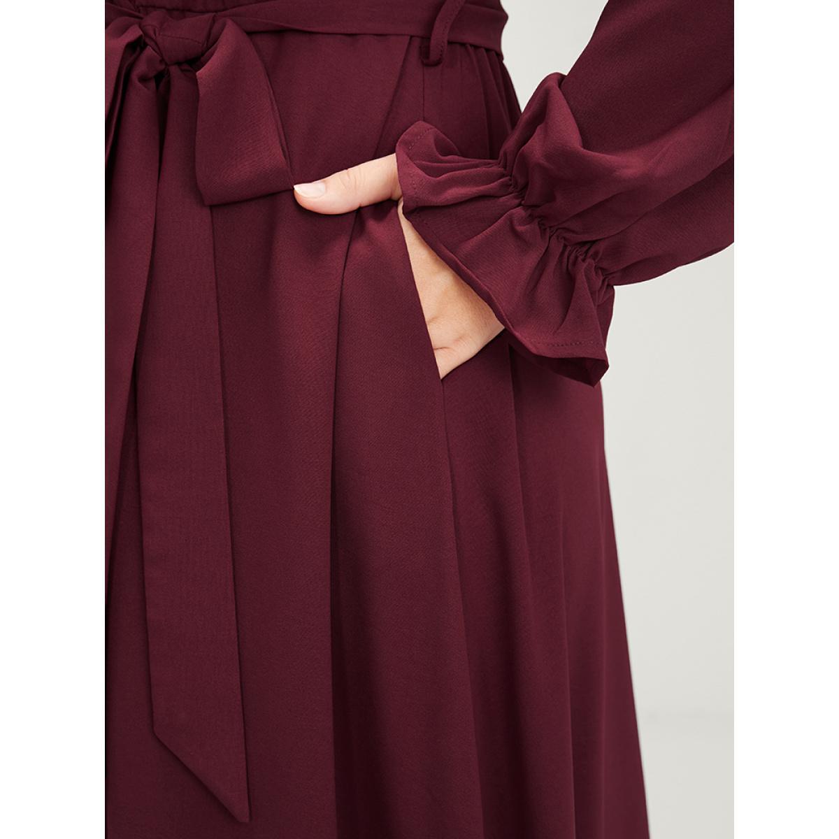 Plus Size Solid Lantern Sleeve Crochet Lace Button Ties Belted Maxi Dress Burgundy Women Elegant Plain V-neck Long Sleeve Curvy Long Dress BloomChic 12/L Product Image