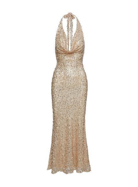 Luxurious Cowl Neck Sequin Maxi Dress Champagne Product Image