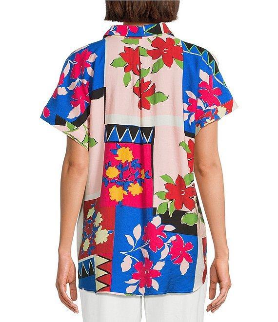 Investments Woven Stamp Patch Short Sleeve Point Collar Partial Button Front Top Product Image
