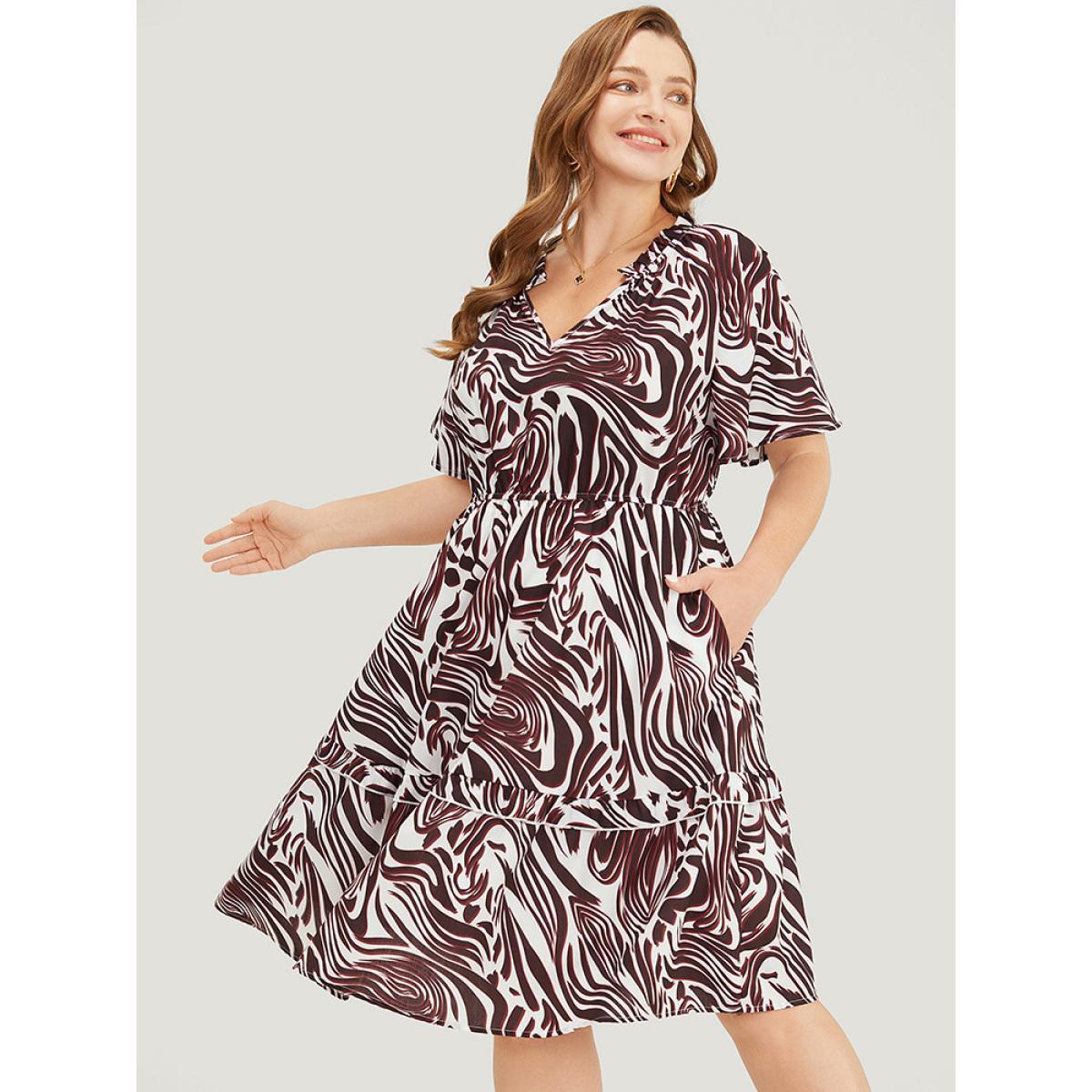 Plus Size Zebra Print Frill Trim Pocket Ruffle Sleeve Dress Multicolor Women Elegant Contrast V-neck Short sleeve Curvy Knee Dress BloomChic 12/L Product Image