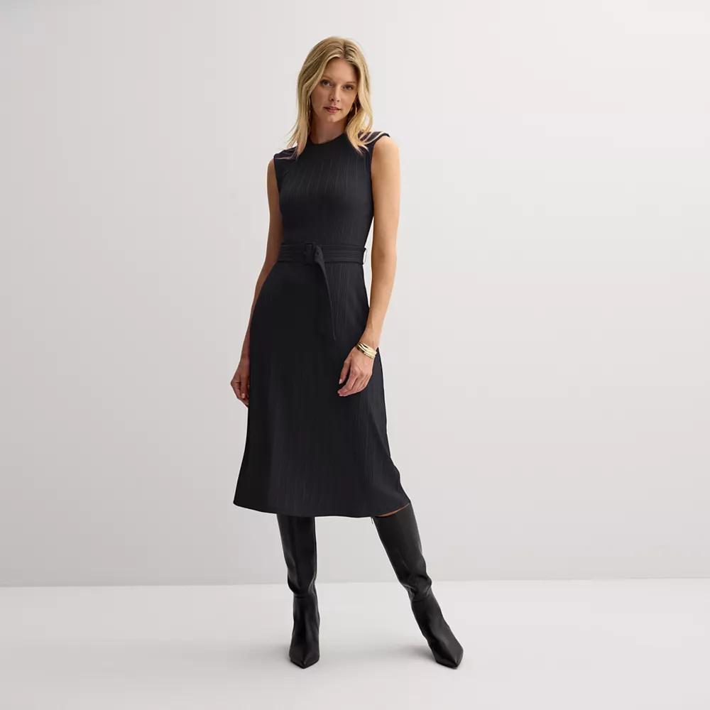 Women's Nine West Belted Rib Midi Dress, Size: XS, Mineral Black Product Image