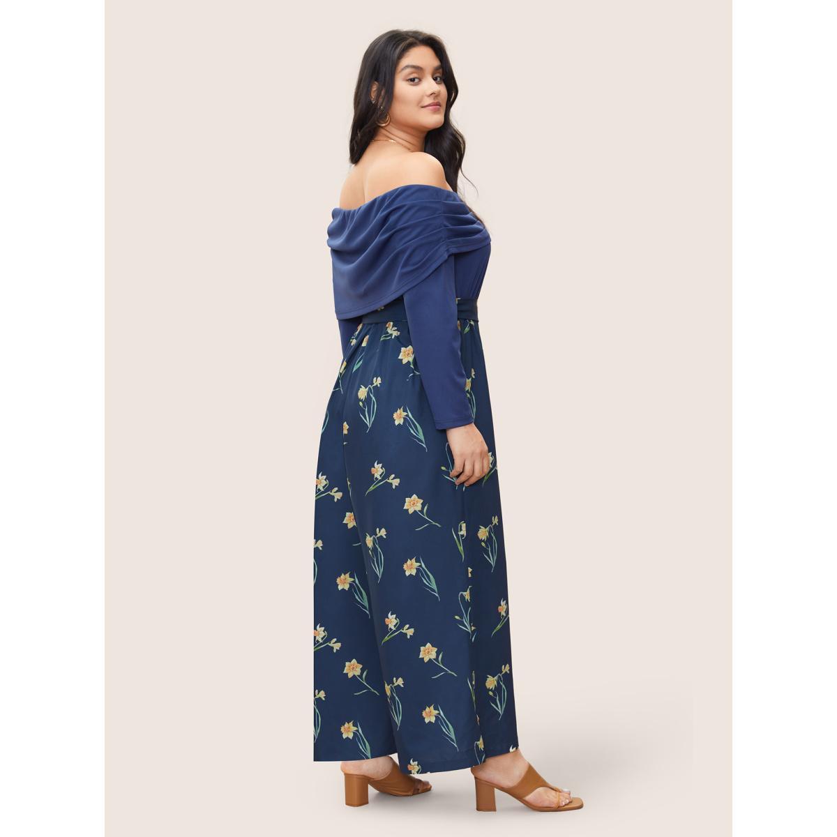 Plus Size Indigo Off Shoulder Floral Patchwork Ruched Belted Jumpsuit Women Elegant Long Sleeve One-shoulder neck Everyday Loose Jumpsuits BloomChic 22-24/3X Product Image