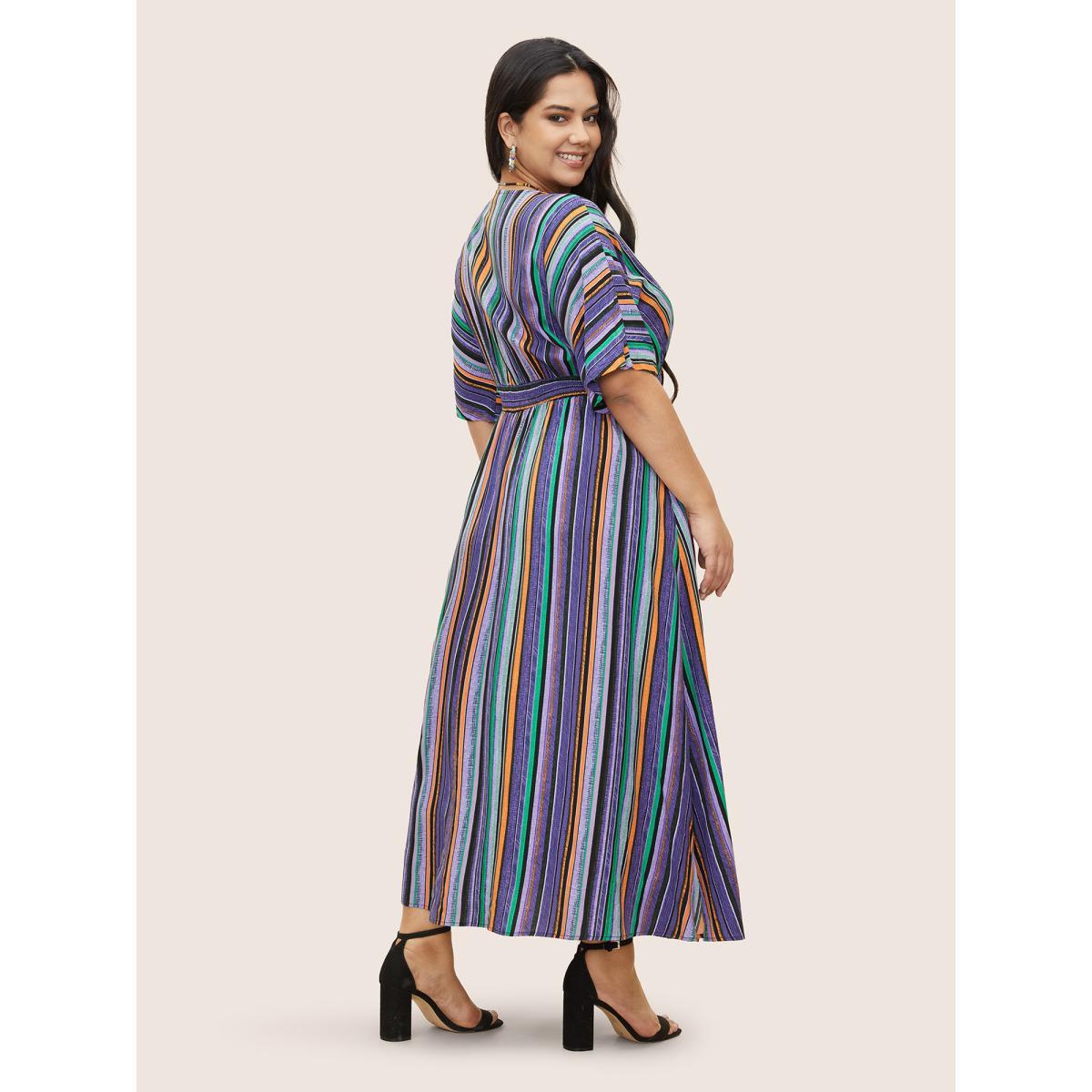 Plus Size Striped Contrast Dolman Sleeve Shirred Pocket Split Flutter Dress Mauve Women Resort Non V-neck Half Sleeve Curvy BloomChic 26/4X Product Image