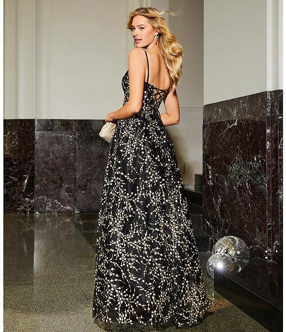Blondie Nites Mesh Glitter Floral Sweetheart Neck Sleeveless Long Dress Product Image