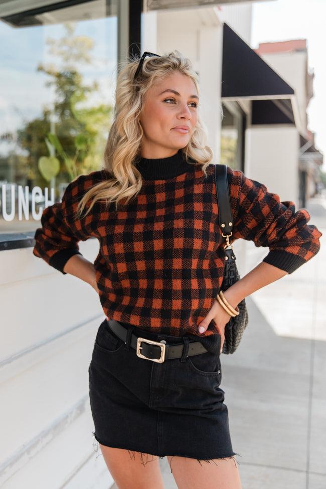 Plaid Pursuit Black and Camel Mock Neck Sweater FINAL SALE Product Image