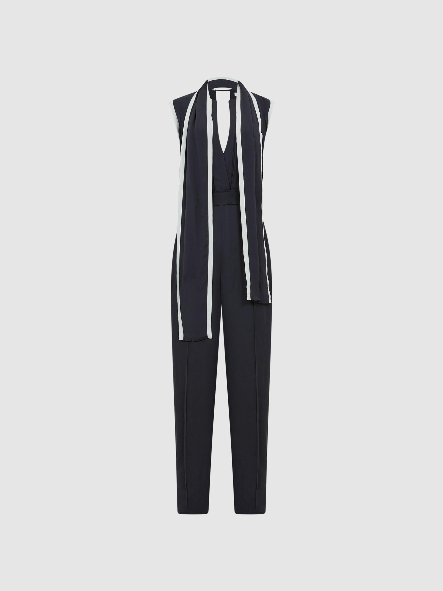 Petite Neck Tie Wide Leg Jumpsuit in Black Product Image