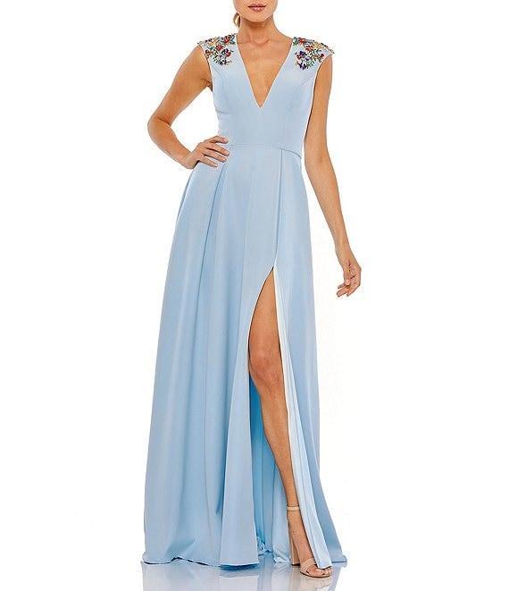 Mac Duggal Beaded Shoulder Deep V-Neck Cap Sleeve Thigh High Slit A-Line Gown Product Image