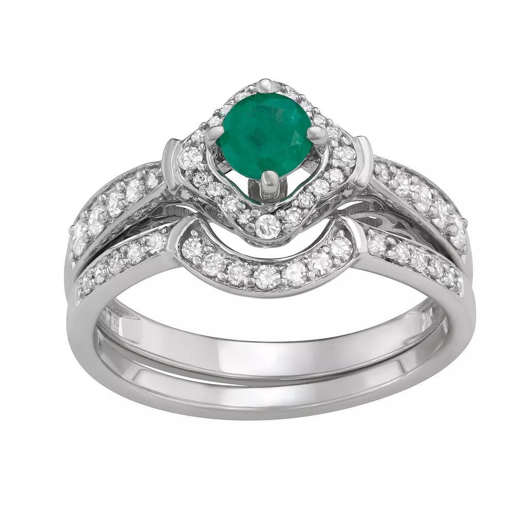 14k White Gold 1/2 Carat T.W. Diamond & Gemstone Halo Engagement Ring Set, Women's, Size: 6, Green Product Image