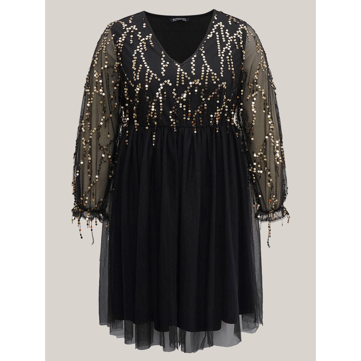 Plus Size Sequin Mesh Patchwork Tassel Dress Black Women Cocktail Gathered Overlap Collar Long Sleeve Curvy Knee Dress BloomChic 14-16/1X Product Image