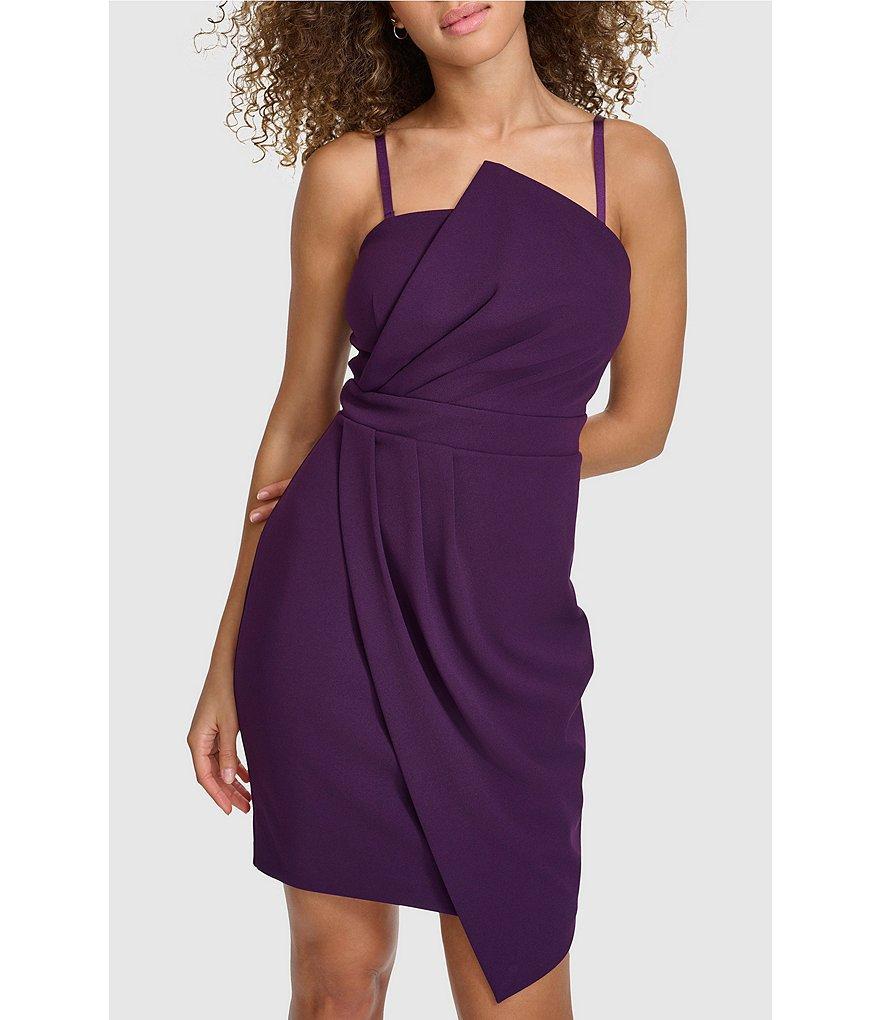 SIENA Scuba Crepe Off-The-Shoulder Asymmetrical Neck Sleeveless Wrap Mini Dress Product Image