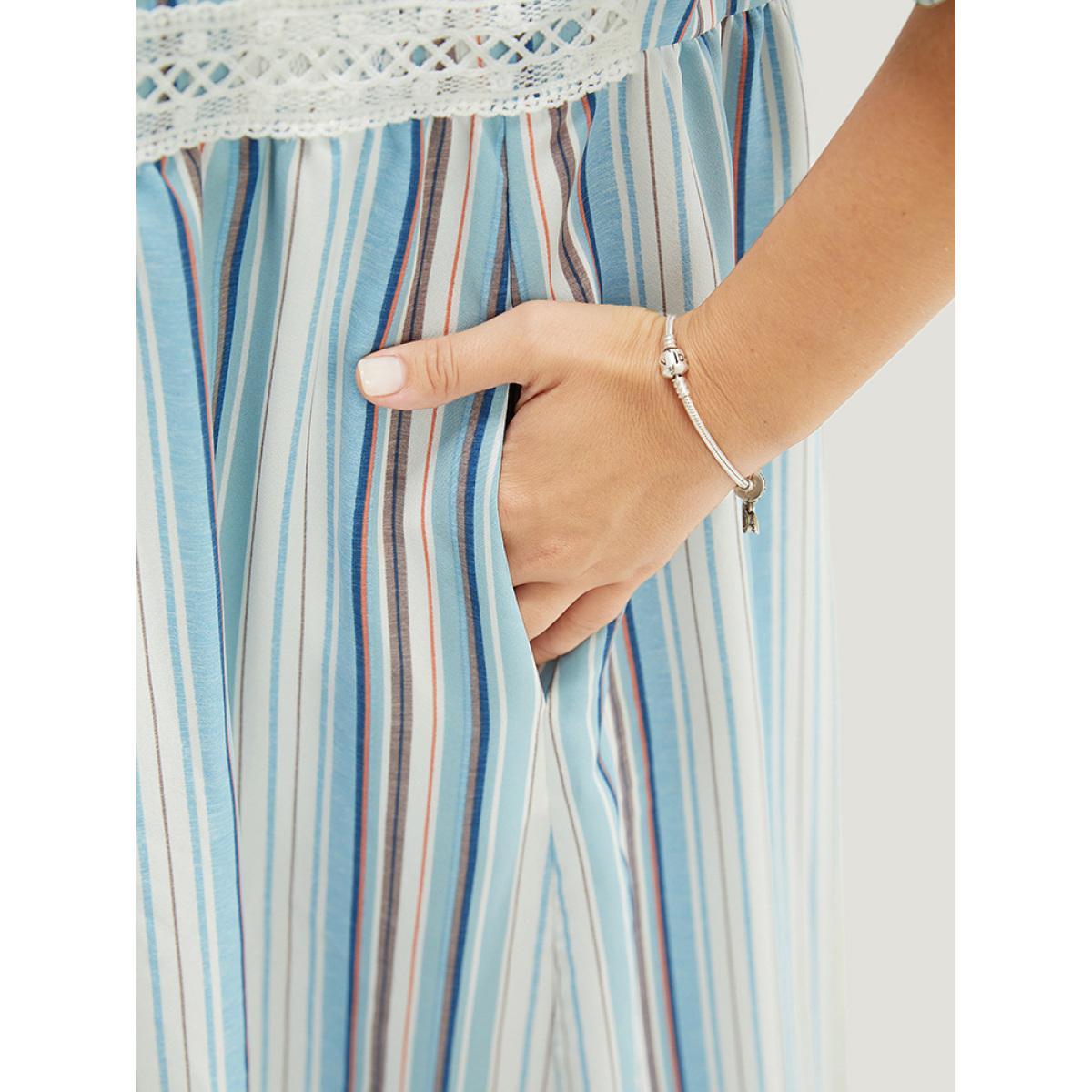 Plus Size Striped Contrast Pocket Lace Batwing Sleeve Midi Dress Blue Women Vacation Patchwork V-neck Short sleeve Curvy Midi Dress BloomChic 22-24/3X Product Image