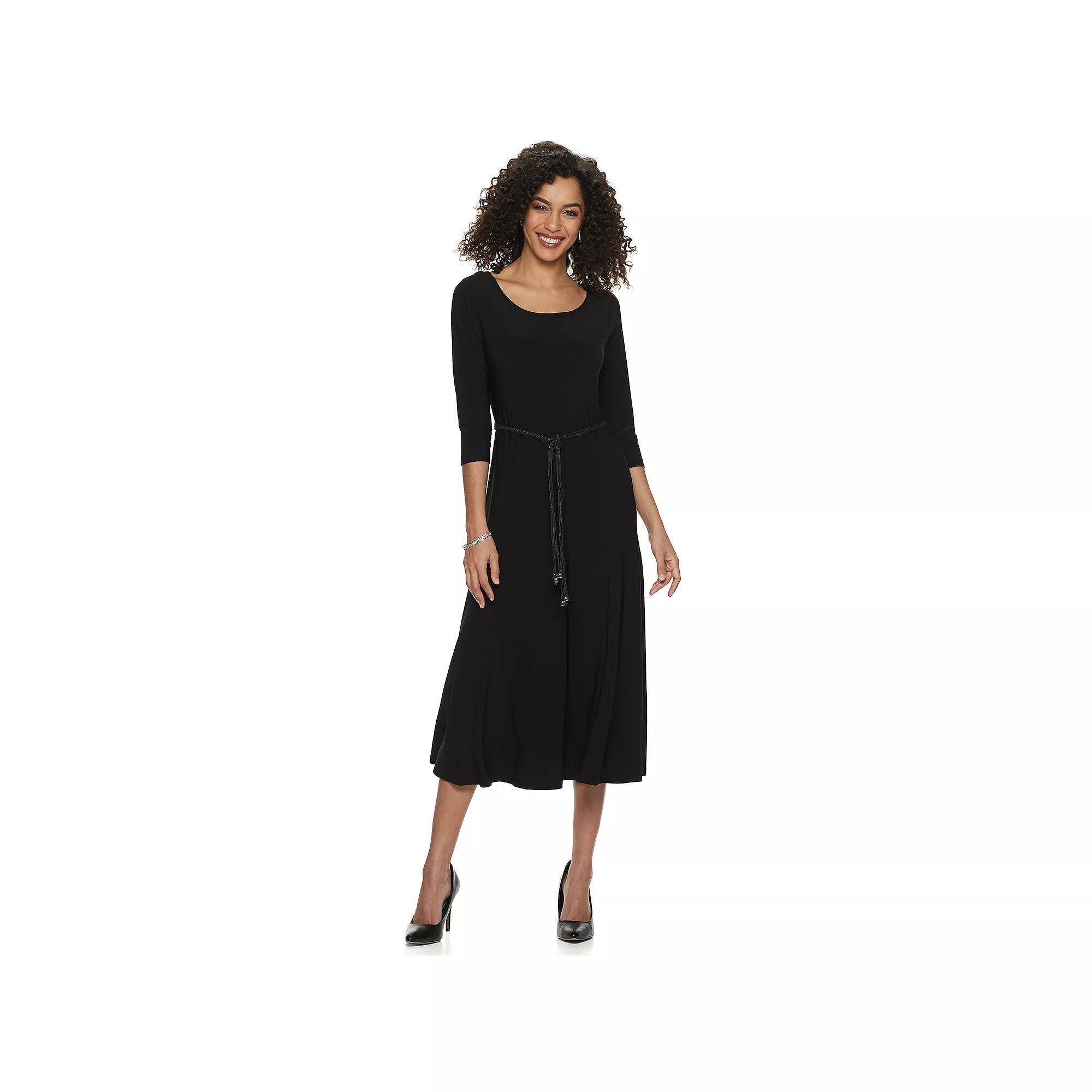 Women's Nina Leonard Three-Quarter Sleeve Belted Midi Dress, Size: Medium, Grey Product Image