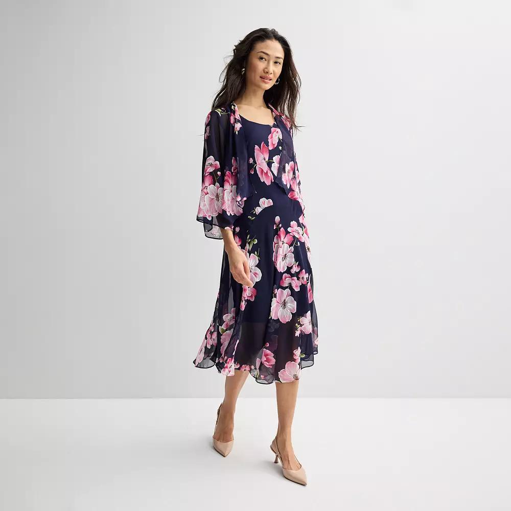 Women's Robbie Bee 2-Piece Chiffon Jacket & Dress Set, Size: 4, Blue Pink Product Image