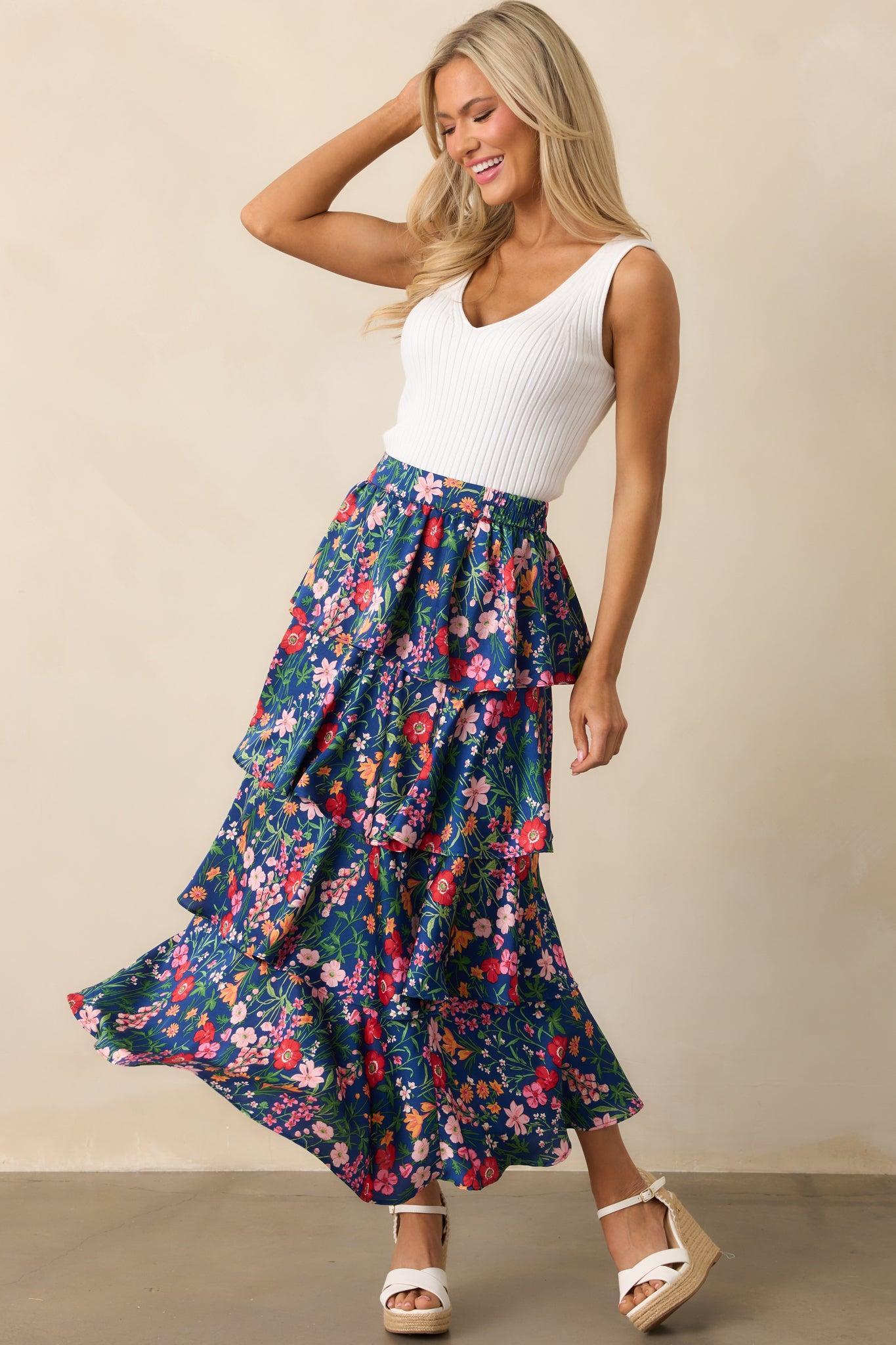 All The Right Things Navy Floral Tiered Maxi Skirt Product Image