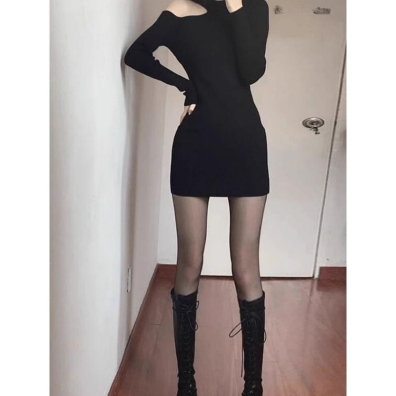 Long-Sleeve Round Neck Cold-Shoulder Plain Mini Sheath Knit Dress Product Image