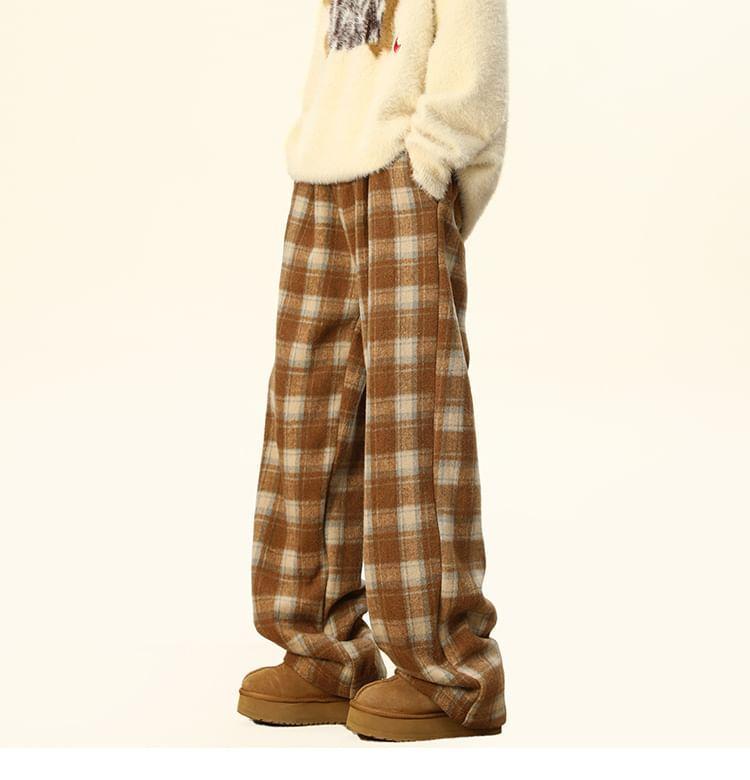 Mid Waist Plaid Straight Leg Pants Product Image
