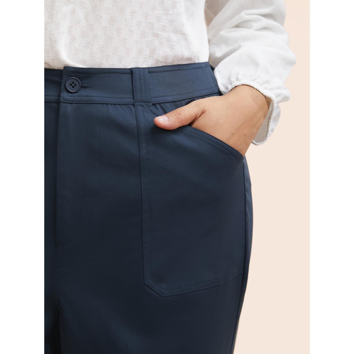 Plus Size Solid Buttoned Zipper Wide Leg Pants Women Indigo Casual Wide Leg Mid Rise Everyday Pants BloomChic 30/6X Product Image