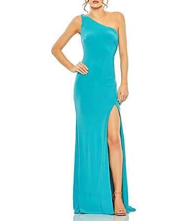 Mac Duggal Sleeveless One Shoulder Thigh High Slit Draped Back Detail Jersey Sheath Gown Product Image
