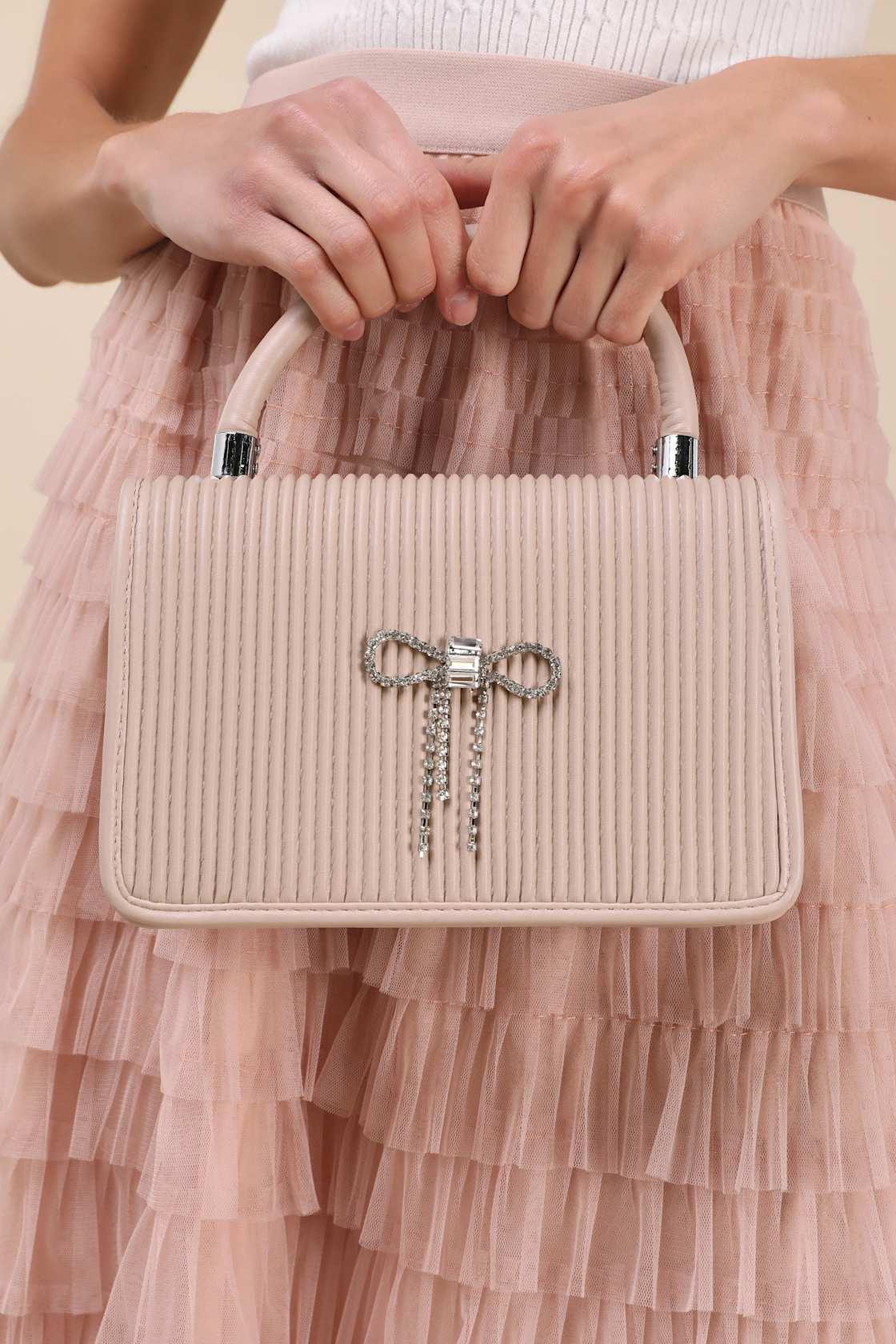 Glam Impression Beige Rhinestone Bow Handbag Product Image