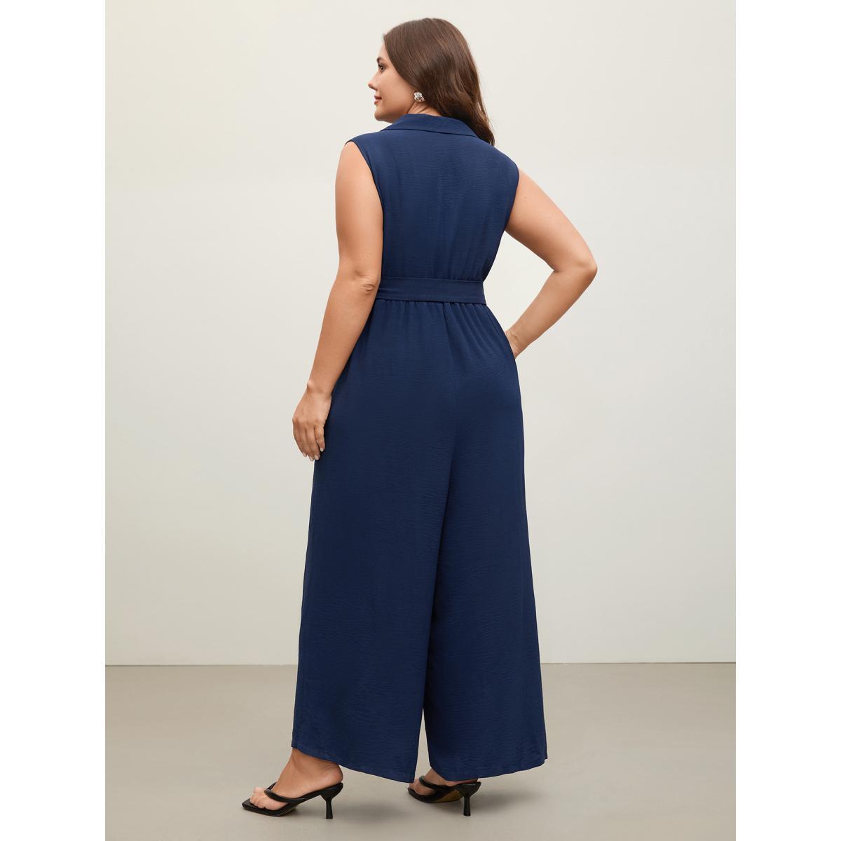Plus Size Indigo Belted Waist-Cinched Wide-Leg Jumpsuit Women Sleeveless Shirt collar Work Loose Jumpsuits BloomChic 26/4X Product Image