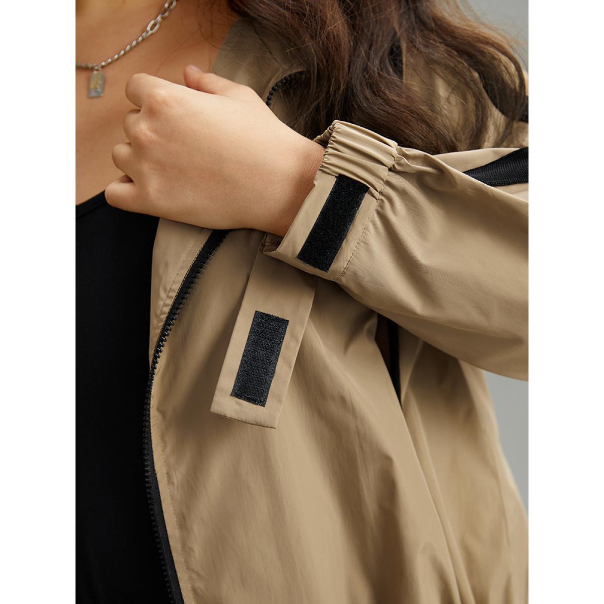 Plus Size Wind-Resistant Contrast Trim Drawstring Jacket Women Tan Elastic cuffs Pocket Dailywear Jackets BloomChic 28/5X Product Image