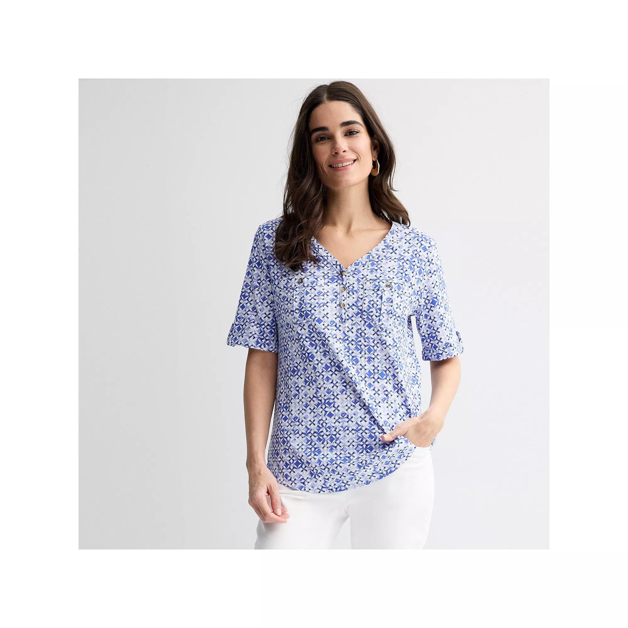 Petite Croft & Barrow Elbow Sleeve Utility Henley Top, Womens Product Image