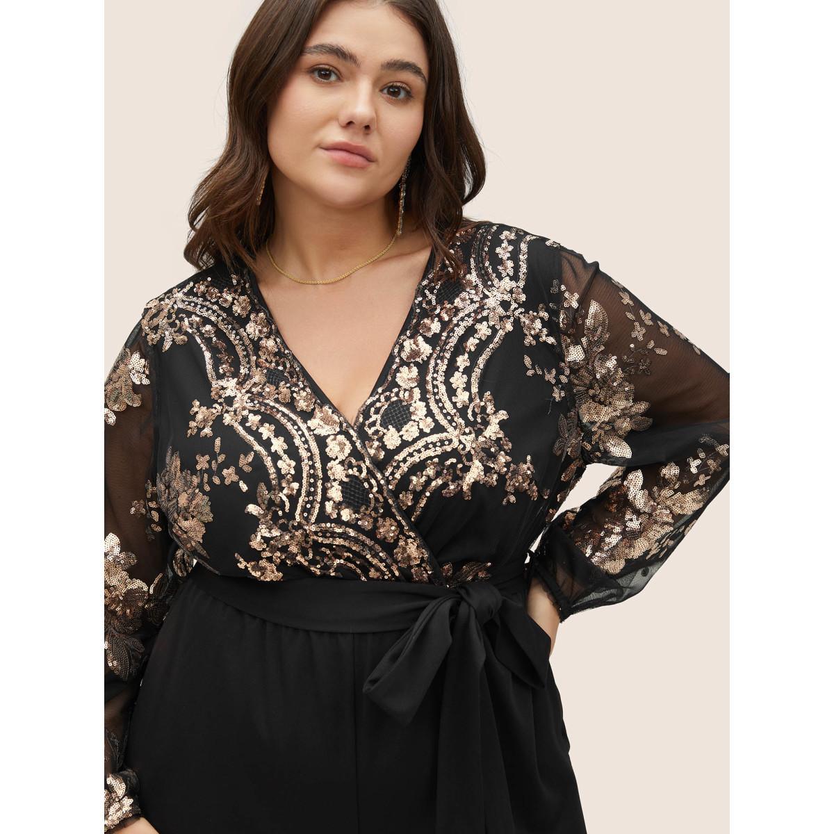 Plus Size Black Sequin Mesh Patchwork Wrap Belted Jumpsuit Women Cocktail Long Sleeve Overlap Collar Party Loose Jumpsuits BloomChic 28/5X Product Image