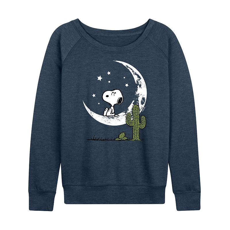 Womens Peanuts Snoopy Desert On Moon French Terry Long Sleeve Tee, Girls Grey Indigo Product Image