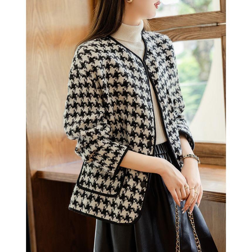 V-Neck Houndstooth Tweed Button Jacket Product Image