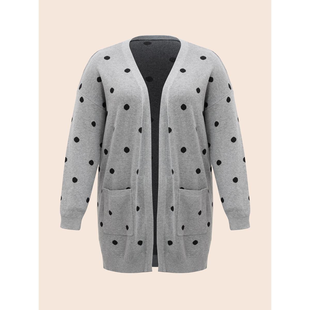 Plus Size Polka Dot Kimono Collar Patch Pocket Cardigan Mediumgray Women Casual Loose Long Sleeve Everyday Cardigans BloomChic 30/6X Product Image