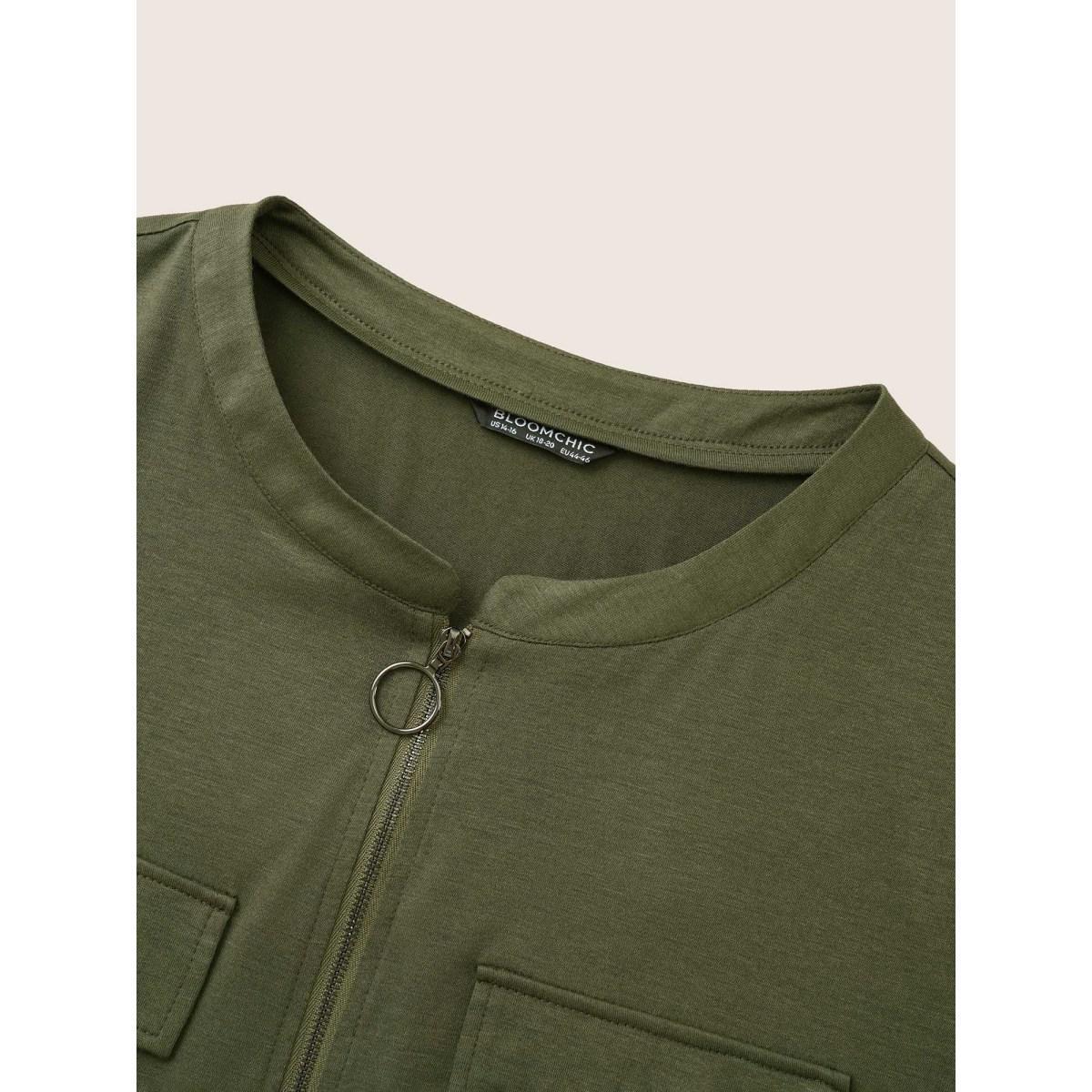 Plus Size Plain Half Zip Flap Detail Tab Sleeve Dress ArmyGreen Women At the Office Non Notched collar Elbow-length sleeve Curvy Midi Dress BloomChic 30/6X Product Image