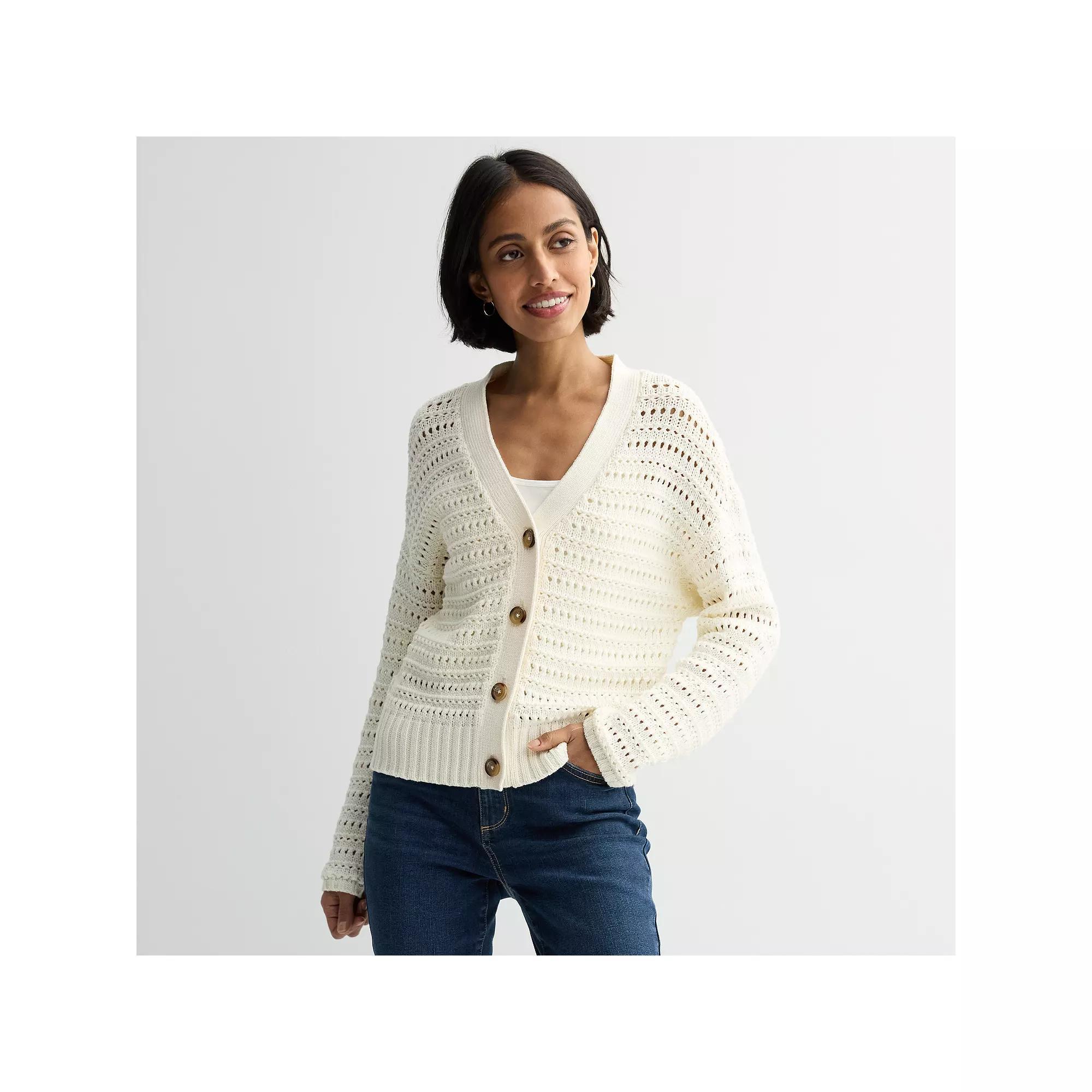 Petite Sonoma Goods For Life Open Stitch Cardigan, Women's, Size: Medium Petite, Ivory Silk Product Image