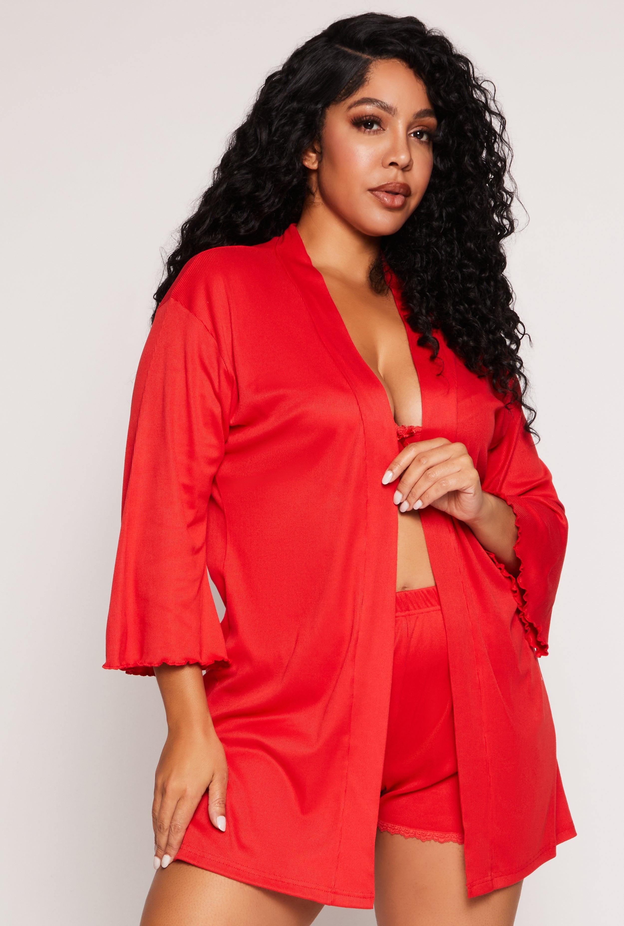 Womens Plus Size Lace Trim Pajama Bralette and Shorts with Robe Product Image