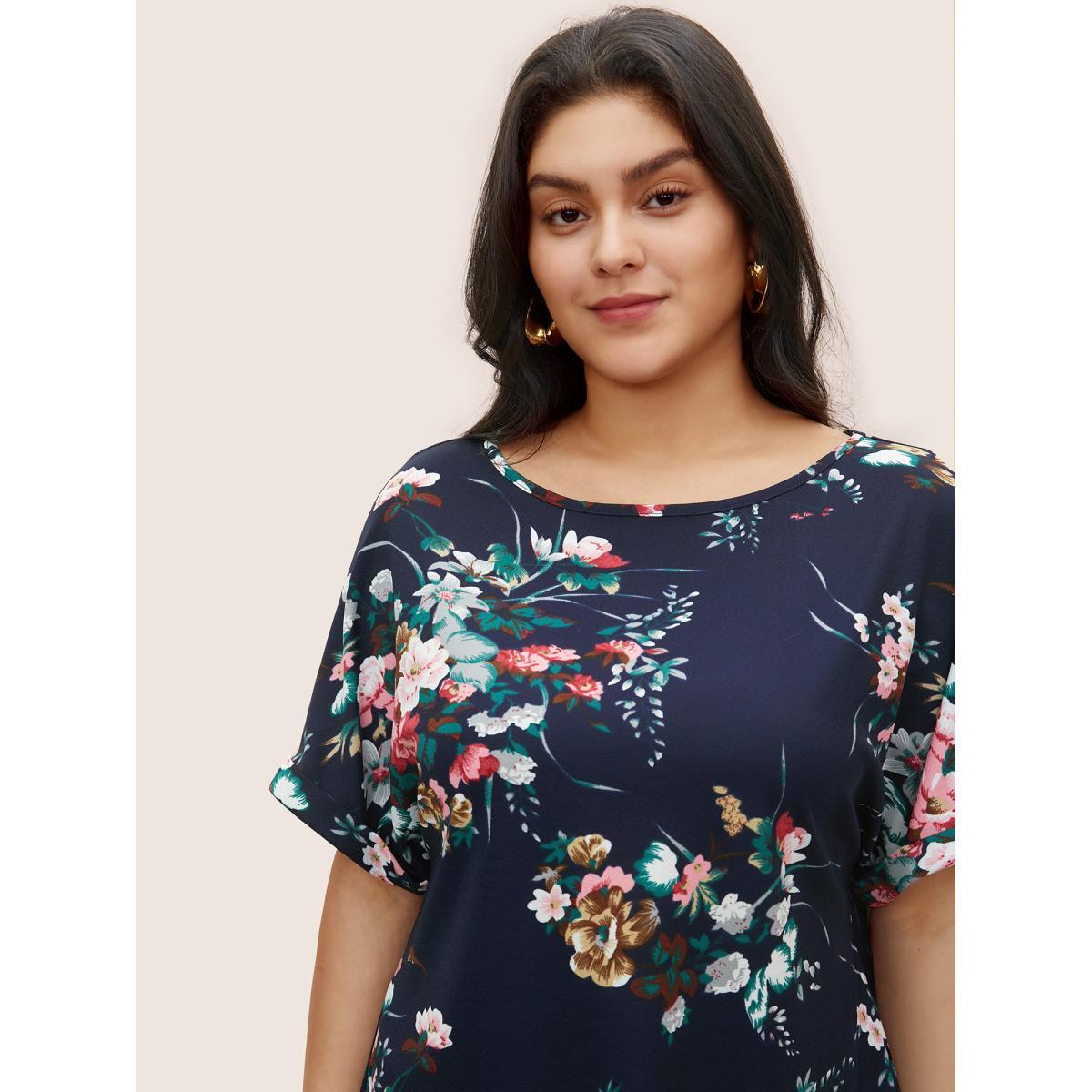 Plus Size Floral Print Crew Neck Cuffed Sleeve T-shirt Midnight Women Casual Non Floral Round Neck Everyday T-shirts BloomChic 18-20/2X Product Image