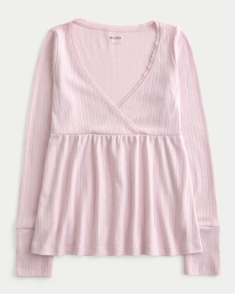 Easy Long-Sleeve Pointelle Babydoll Top Product Image