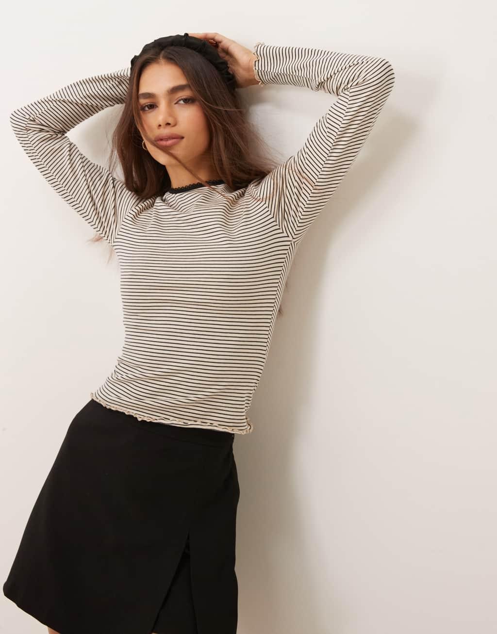Miss Selfridge stripe tee with lace trim Product Image