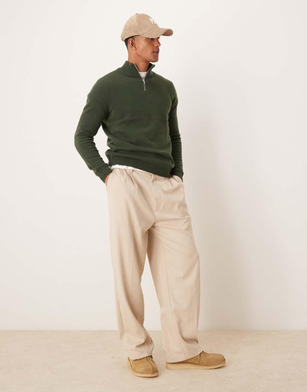 ASOS DESIGN lambswool quarter zip sweater in dark green Product Image