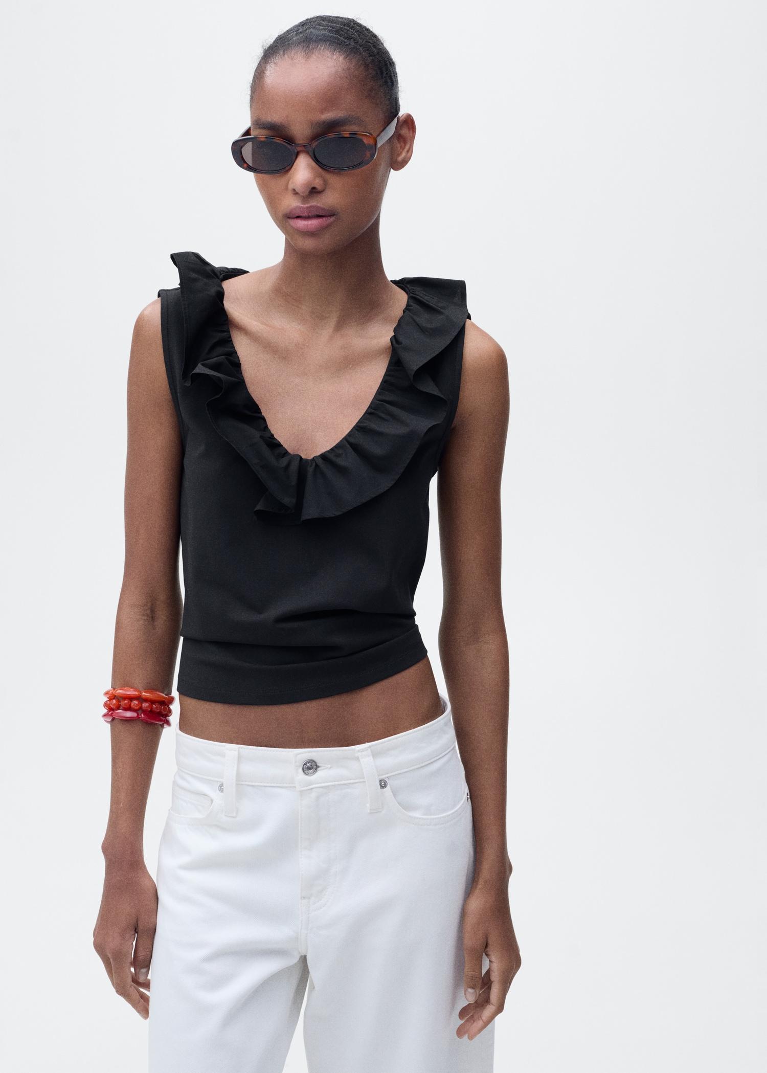 Cotton top with ruffles - Women | MANGO USA Product Image
