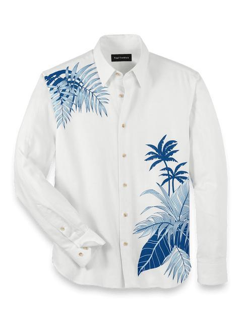 Linen Blend Botanical Print Casual Shirt - White Product Image