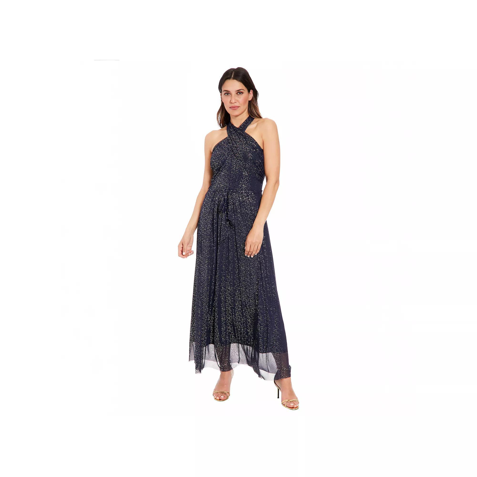 Women's London Times Mesh Wrap Halter Neck Maxi Dress, Size: 14, Black Gold Product Image