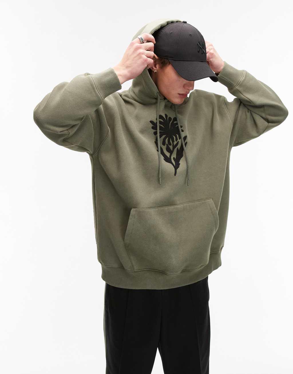 Topman oversized fit hoodie with front and back floral block chenille embroidery in washed khaki Product Image