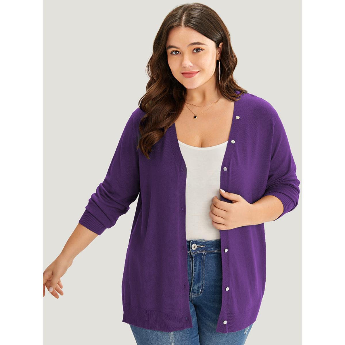 Plus Size Supersoft Essentials Plain Button Detail Very Stretchy Cardigan Blackcurrant Women Casual Loose Long Sleeve Everyday Cardigans BloomChic 12/L Product Image