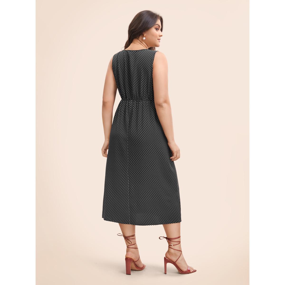 Plus Size V Neck Polka Dot Midi Dress Black Women Elegant Gathered V-neck Sleeveless Curvy BloomChic 14-16/1X Product Image