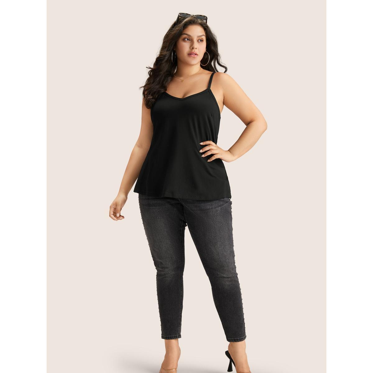 Plus Size Cotton Plain Adjustable Straps Cami Top Women Black Basics Non V-neck Everyday Tank Tops Camis BloomChic 18-20/2X Product Image