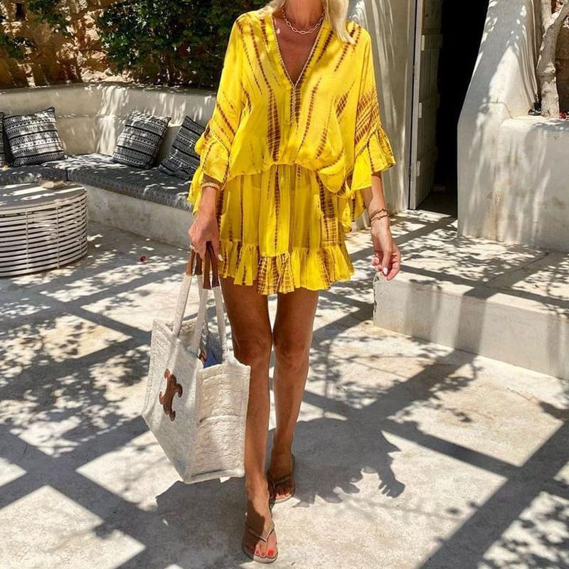3/4-Sleeve V-Neck Print Mini Tunic Dress Product Image