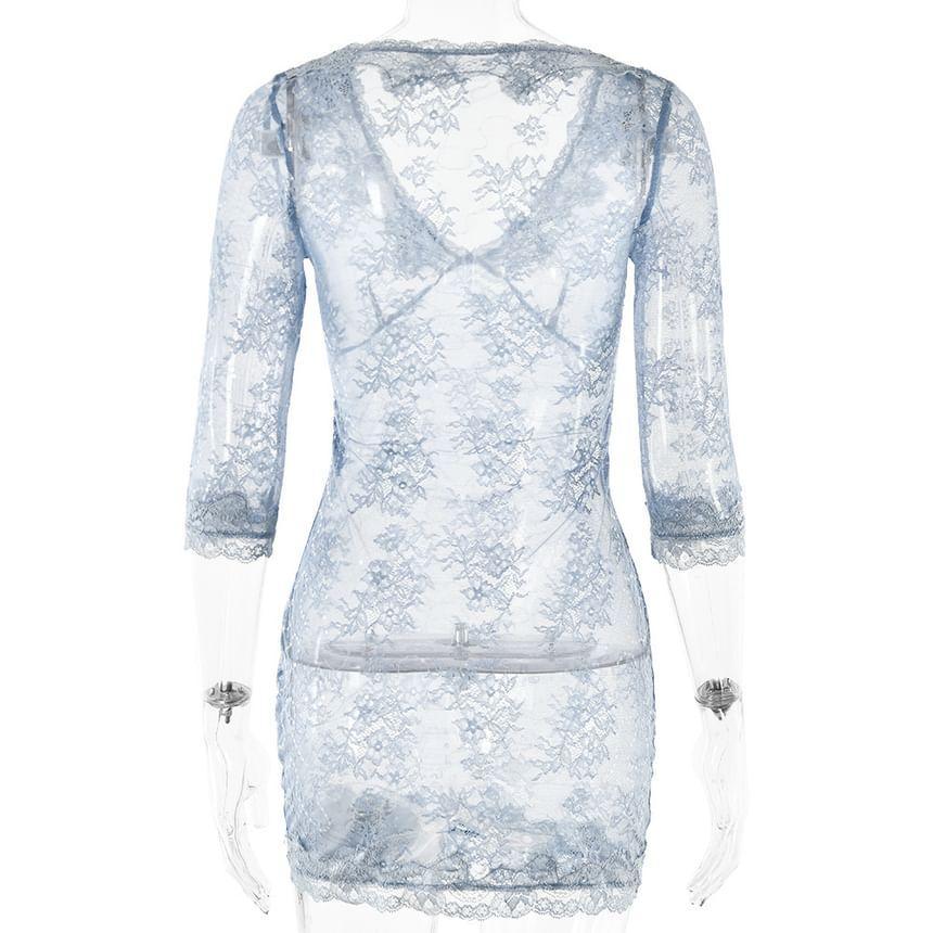 Elbow-Sleeve V-Neck Lace Mini A-Line Dress Product Image