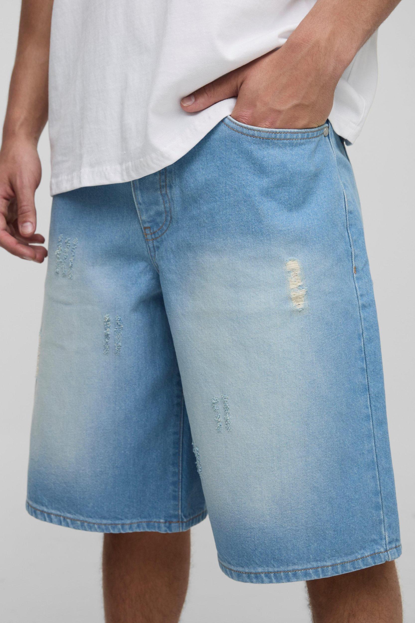 Regular Fit Light Blue Bleach Washed Ripped Jorts | boohooMAN USA Product Image