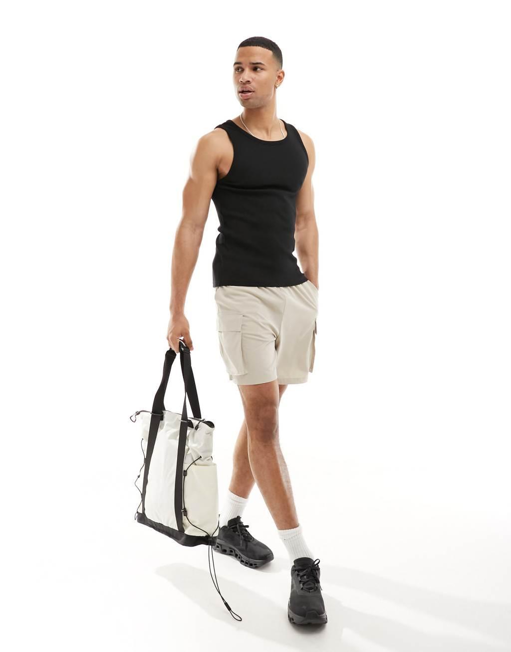 4505 Icon ribbed cotton training racer neck tank top in black  Product Image